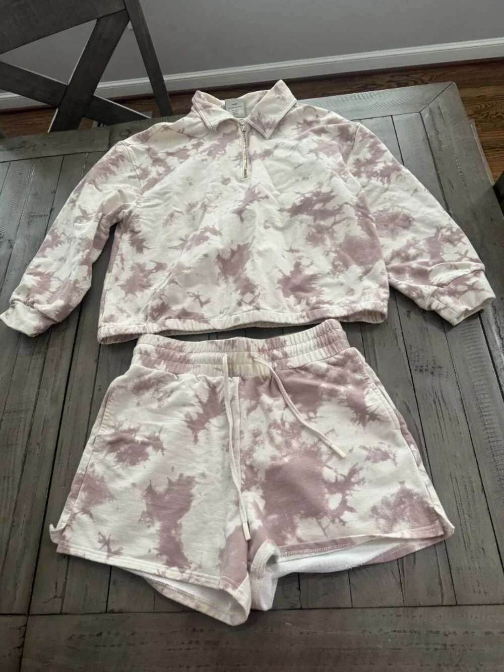 VARLEY Tie Dye Taupe Romero Sweatshirt + Glade Shorts Matching Set Medium - Picture 2 of 6